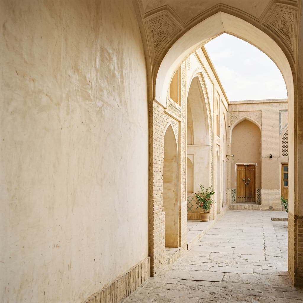 Persian courtyard with stone arches — the architectural backdrop of Upside Tree